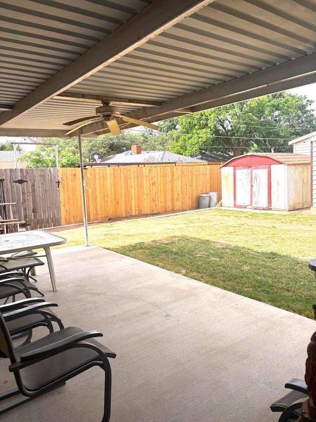 2801 Haynes Dr, Midland, TX 79705 - view of patio / terrace with a storage shed, ceiling fan, and an outdoor structure
