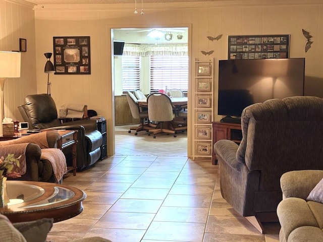 living area with ornamental molding