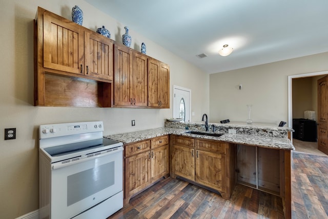 kitchen featuring white electric stove, a peninsula, a sink, visible vents, and dark wood finished floors