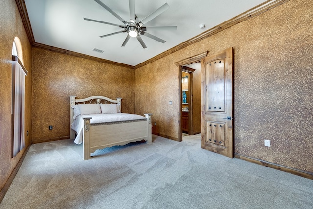 unfurnished bedroom featuring ornamental molding, carpet, visible vents, and wallpapered walls