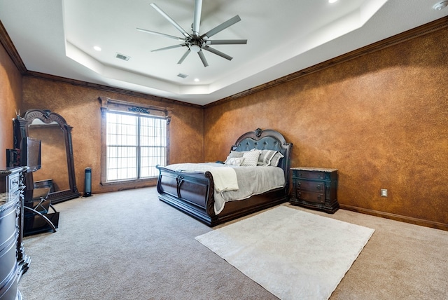 bedroom featuring recessed lighting, a raised ceiling, visible vents, carpet flooring, and baseboards