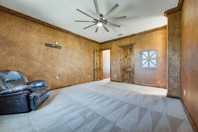 unfurnished room with carpet, baseboards, and crown molding