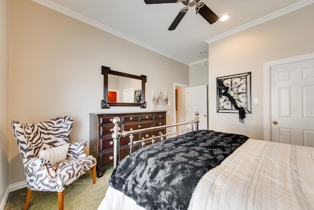 carpeted bedroom with ceiling fan and crown molding