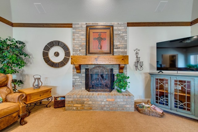 carpeted living area with a brick fireplace