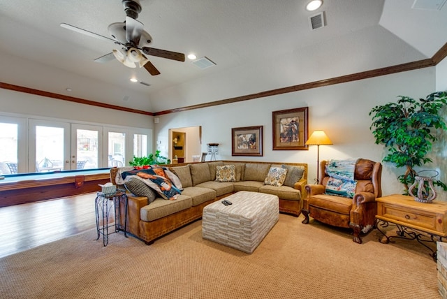 living area with visible vents, vaulted ceiling, a ceiling fan, and recessed lighting