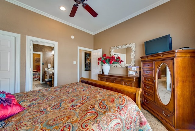 bedroom featuring ensuite bathroom, a ceiling fan, and crown molding