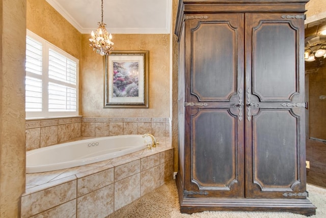 bathroom with ornamental molding, a chandelier, and a bath