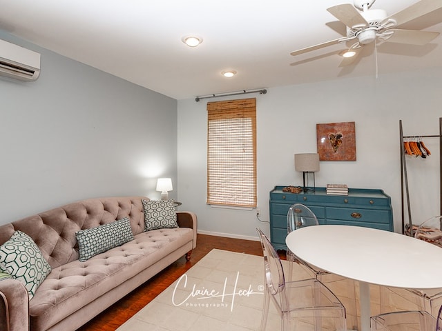 1700 Holloway Ave, Midland, TX 79701 - living area featuring a wall mounted AC, dark wood-style flooring, ceiling fan, and recessed lighting