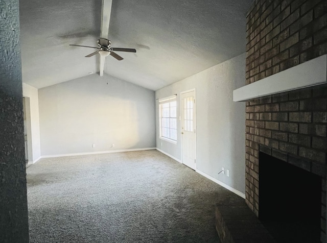 unfurnished living room with a textured ceiling, vaulted ceiling with beams, a ceiling fan, baseboards, and carpet