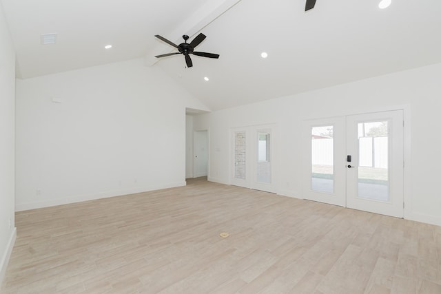 unfurnished living room with ceiling fan, beam ceiling, light wood-type flooring, and french doors