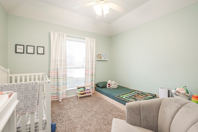 carpeted bedroom with ceiling fan