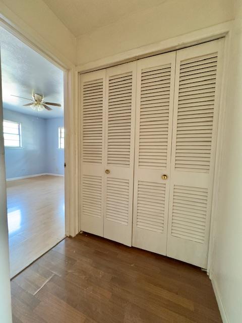 room details featuring ceiling fan and hardwood / wood-style flooring