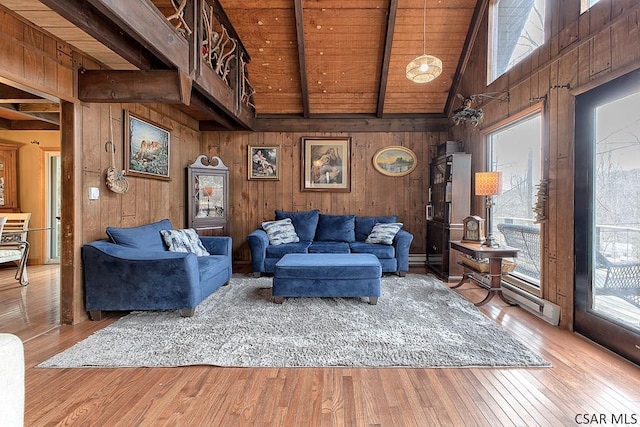 living area with beamed ceiling, high vaulted ceiling, hardwood / wood-style flooring, wooden walls, and wooden ceiling