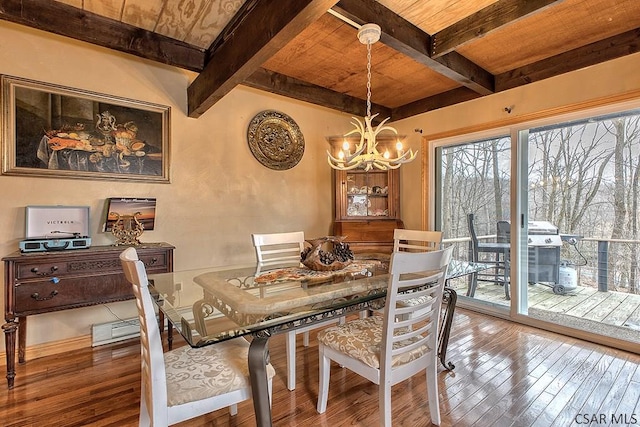 dining space with a notable chandelier, beamed ceiling, and wood-type flooring