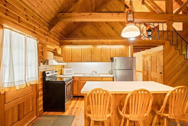 2484 Berlin Plank Rd, Berlin, PA 15530 - kitchen featuring appliances with stainless steel finishes, light countertops, wood ceiling with exposed beams, a sink, and wood walls