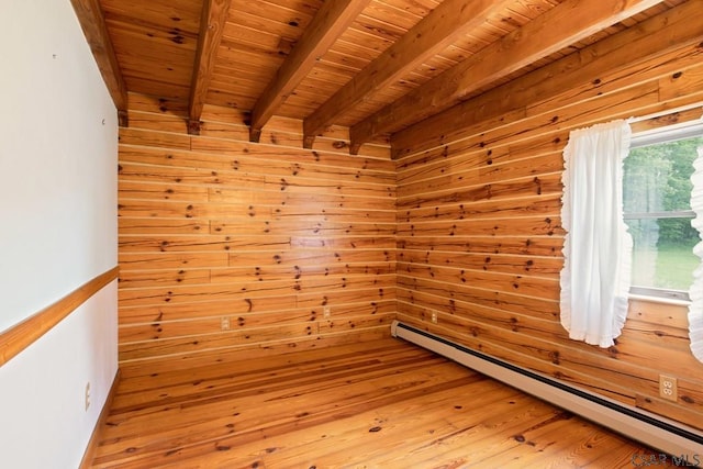 2484 Berlin Plank Rd, Berlin, PA 15530 - unfurnished room featuring a baseboard radiator, wood walls, wooden ceiling with exposed beams, and light wood finished floors