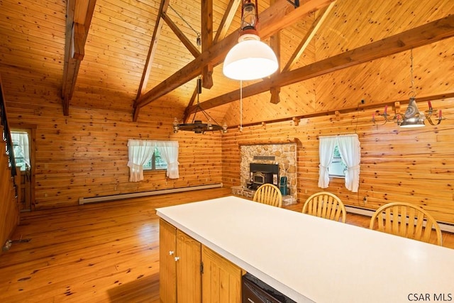 2484 Berlin Plank Rd, Berlin, PA 15530 - kitchen with a baseboard heating unit, wood walls, light wood finished floors, hanging light fixtures, and wood ceiling with exposed beams