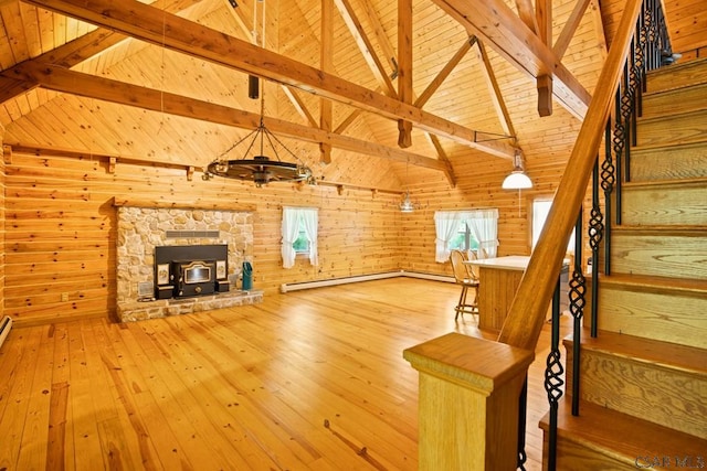 2484 Berlin Plank Rd, Berlin, PA 15530 - unfurnished living room featuring wooden walls, hardwood / wood-style floors, wooden ceiling with exposed beams, a wood stove, and stairway