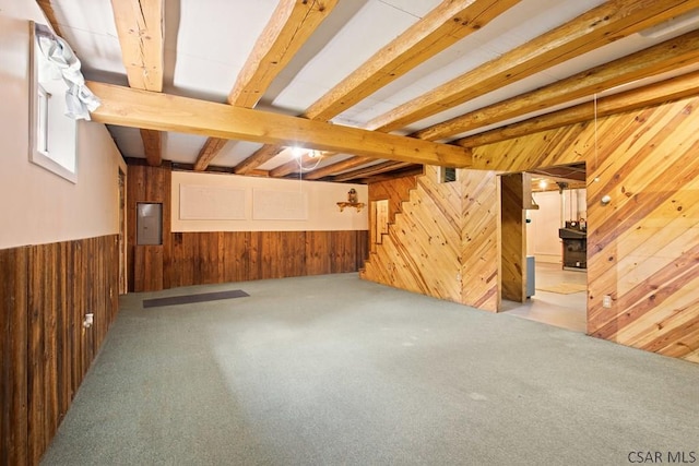 2484 Berlin Plank Rd, Berlin, PA 15530 - below grade area with wood walls, electric panel, stairway, carpet, and a wainscoted wall