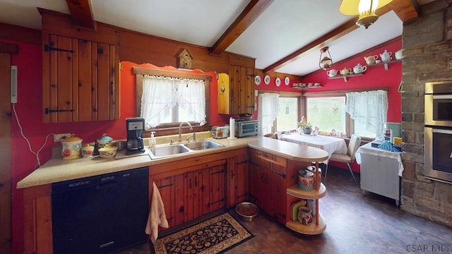 kitchen with light countertops, lofted ceiling with beams, a sink, dishwasher, and a peninsula