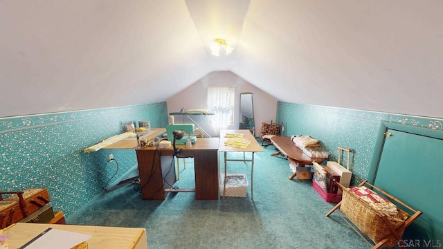 rec room with carpet, vaulted ceiling, and wallpapered walls