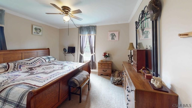 bedroom with ornamental molding, a ceiling fan, and light colored carpet