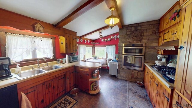 kitchen with stainless steel double oven, black dishwasher, sink, and vaulted ceiling with beams