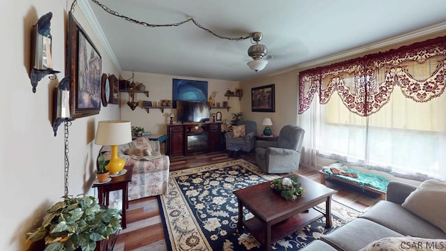 living room with wood-type flooring and ornamental molding