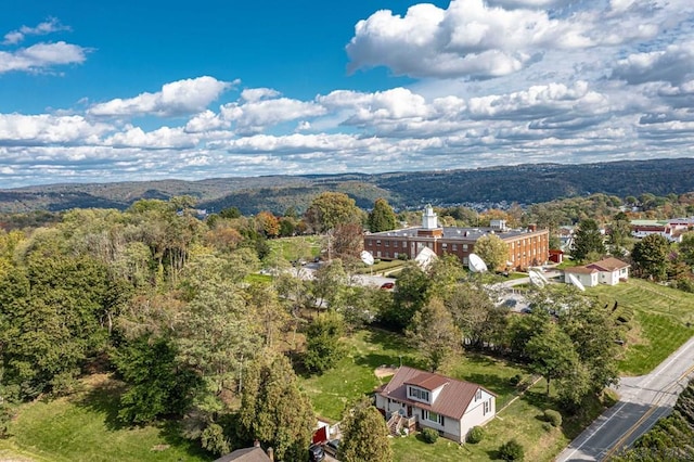 drone / aerial view with a wooded view