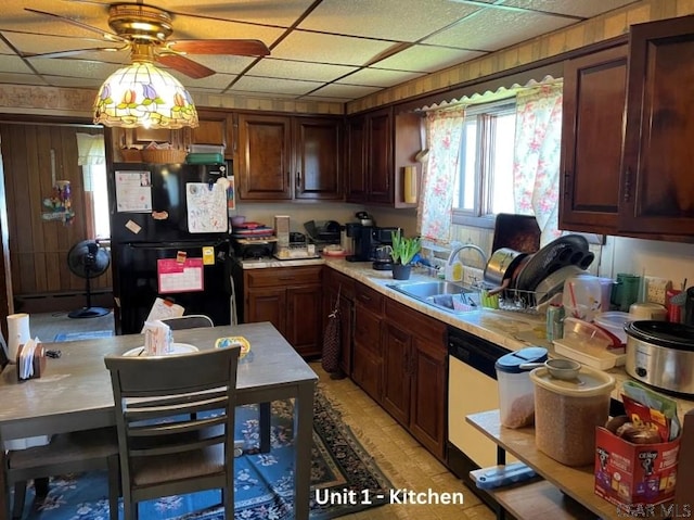 1804 Somerset Ave, Windber, PA 15963 - kitchen featuring freestanding refrigerator, a sink, light countertops, a ceiling fan, and dishwasher
