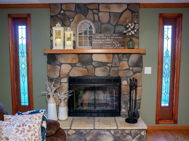 3056 Menoher Blvd, Johnstown, PA 15905 - detailed view of a fireplace, wood finished floors, crown molding, and baseboards