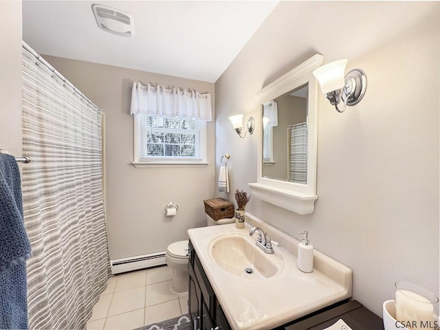 full bath with vanity, visible vents, a baseboard radiator, tile patterned floors, and toilet