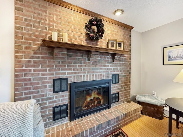 room details with a textured ceiling, wood finished floors, and a fireplace