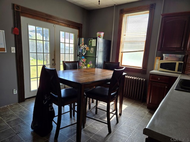 dining room with french doors, radiator heating unit, sink, and a wealth of natural light