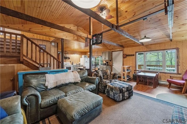 1036 Causeway Dr, Friedens, PA 15541 - living area featuring wooden walls, wooden ceiling, stairs, wood finished floors, and a baseboard heating unit