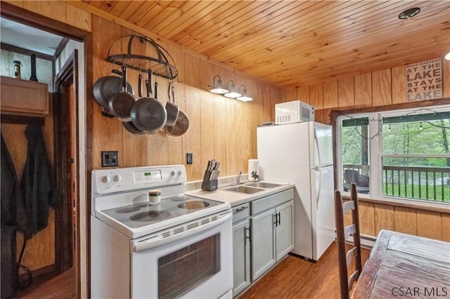 1036 Causeway Dr, Friedens, PA 15541 - kitchen featuring white appliances, a sink, wood walls, wood ceiling, and wood finished floors