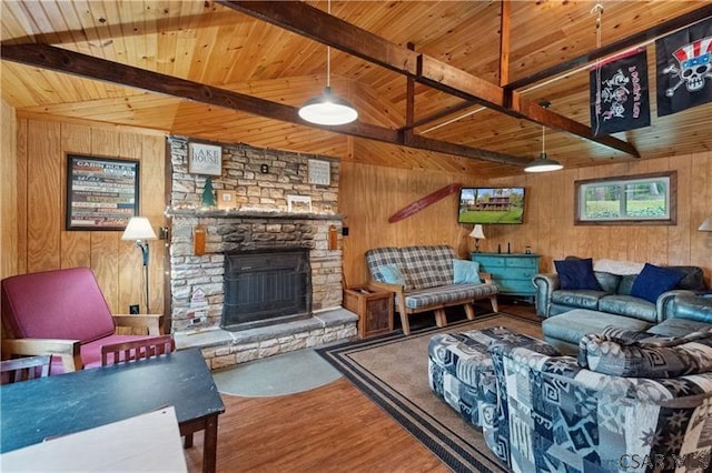 1036 Causeway Dr, Friedens, PA 15541 - living area featuring wood ceiling, wood finished floors, beam ceiling, wooden walls, and a fireplace