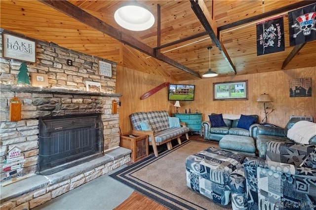 1036 Causeway Dr, Friedens, PA 15541 - living area featuring wooden ceiling, wood walls, and a stone fireplace