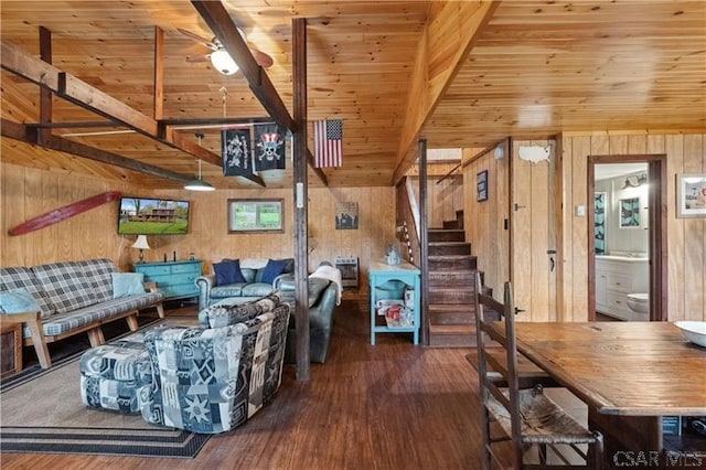 1036 Causeway Dr, Friedens, PA 15541 - living area with wood walls, stairway, wooden ceiling, wood finished floors, and beamed ceiling