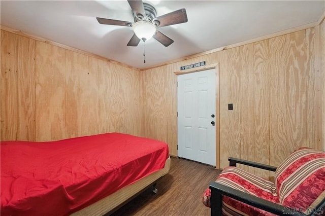 1036 Causeway Dr, Friedens, PA 15541 - bedroom with wood finished floors, wooden walls, and a ceiling fan