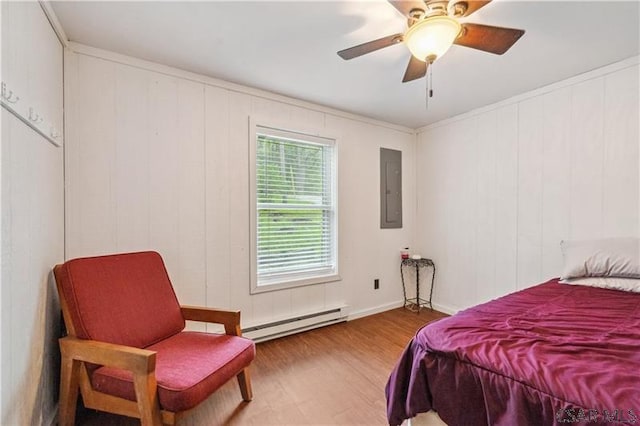 1036 Causeway Dr, Friedens, PA 15541 - bedroom with baseboard heating, electric panel, wood finished floors, a ceiling fan, and crown molding