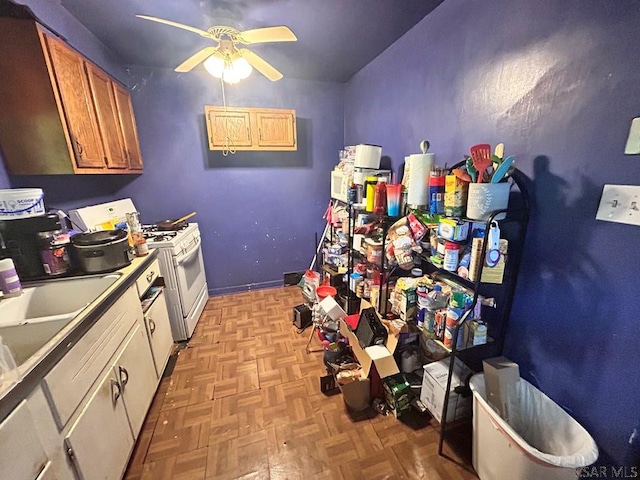 128 15th St, New Florence, PA 15944 - kitchen with white range with gas cooktop, ceiling fan, and lofted ceiling