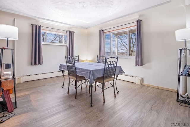 dining area featuring baseboard heating, wood finished floors, and baseboards