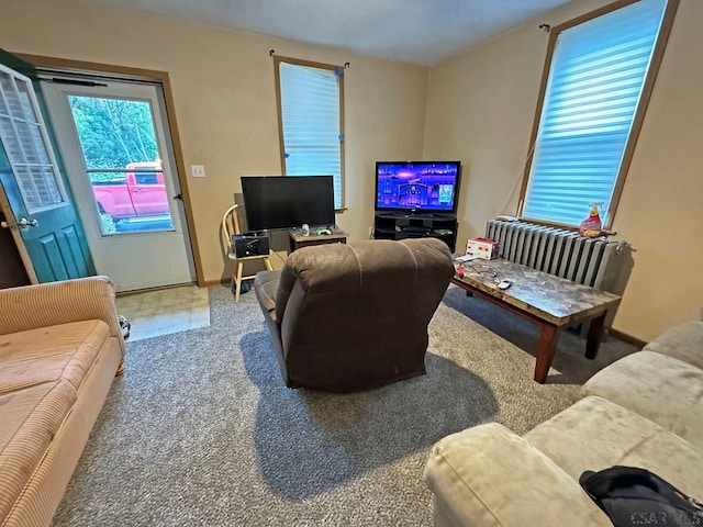 carpeted living room with radiator heating unit