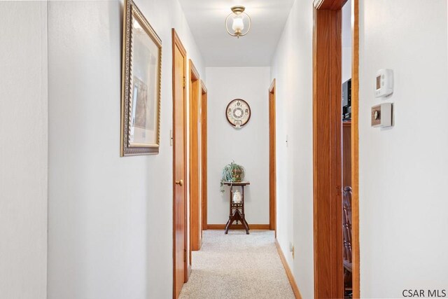 hallway with light colored carpet