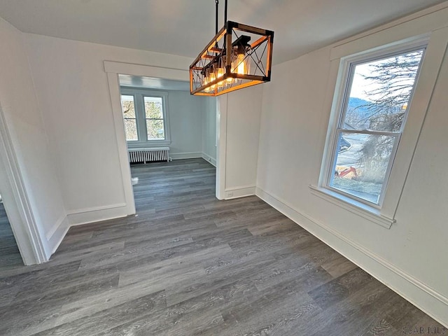 unfurnished dining area with dark wood-type flooring and radiator heating unit