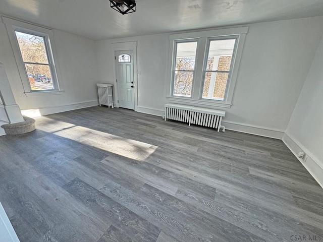 foyer entrance with hardwood / wood-style flooring, a healthy amount of sunlight, and radiator heating unit