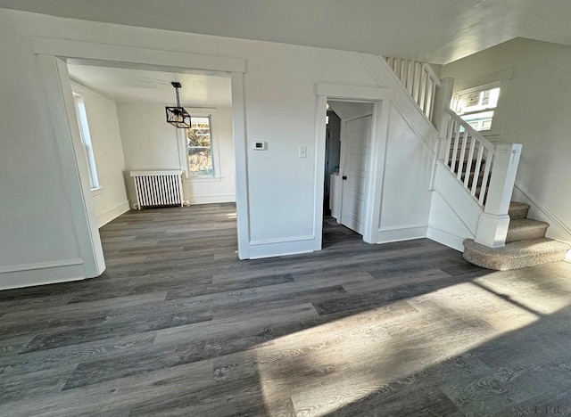 interior space featuring radiator heating unit and dark hardwood / wood-style floors