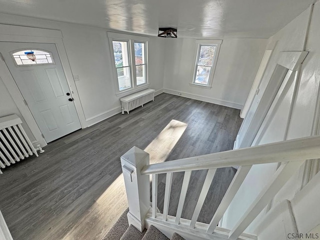 foyer featuring dark wood-type flooring and radiator heating unit