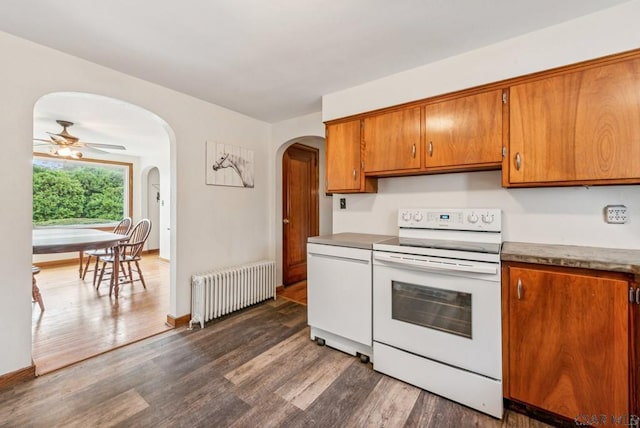 kitchen featuring white electric stove, radiator, and dark hardwood / wood-style floors